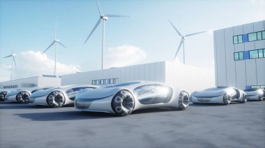 Futuristic electrick cars on warehouse parking. Logistic center. Green energy concept. 3d render