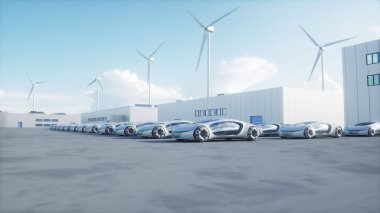 Futuristic electrick cars on warehouse parking. Logistic center. Green energy concept. 3d render