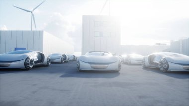 Futuristic electrick cars on warehouse parking. Logistic center. Green energy concept. 3d render