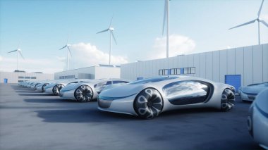 Futuristic electrick cars on warehouse parking. Logistic center. Green energy concept. 3d render