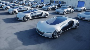Futuristic electrick cars on warehouse parking. Logistic center. Green energy concept. 3d render