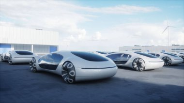Depoda geleceğin elektrikli arabaları var. Lojistik merkezi. Yeşil enerji konsepti. 3d hazırlayıcı
