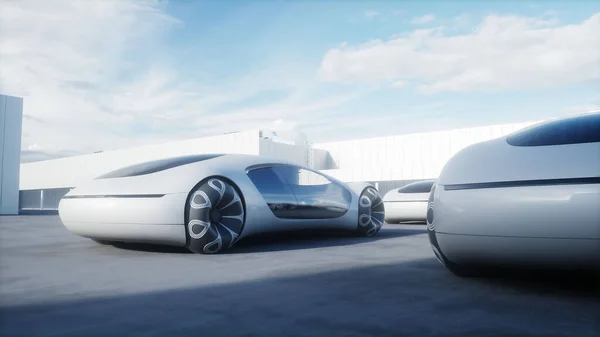 Futuristic electrick cars on warehouse parking. Logistic center. Green energy concept. 3d render