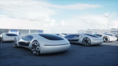 Depoda geleceğin elektrikli arabaları var. Lojistik merkezi. Yeşil enerji konsepti. Gerçekçi 4k animasyonu