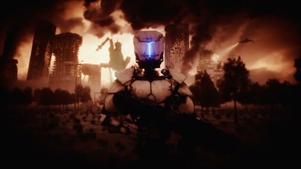 Military Robot Destroyed City Apocalypse Concept Realistic Animation — Vídeos de Stock