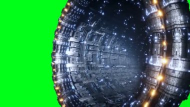 Gemi trafiği olan uzay fütüristik üssü. Fütürist bir kavram. Yeşil ekran 4k görüntü