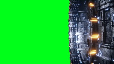 Gemi trafiği olan uzay fütüristik üssü. Fütürist bir kavram. Yeşil ekran izole edildi. 3d oluşturma