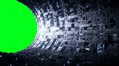 Gemi trafiği olan uzay fütüristik üssü. Fütürist bir kavram. Yeşil ekran izole edildi. 3d oluşturma