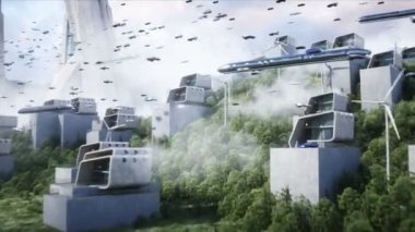 Futuristic city. flying car traffic. Robots and people in megapolice. Future concept. Dynamic trees. Realistic 4k animation