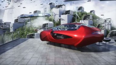 Gelecekçi şehir. Uçan araba trafiği. Megapbit. Gelecek konsepti. Gerçekçi 4k animasyonu