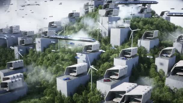 Futuristic City Flying Car Traffic Robots People Megapolice Future Concept — Stockvideo