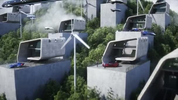 Futurystyczne Miasto Latające Samochody Roboty Ludzie Megapolicji Koncepcja Przyszłości Dynamiczne — Wideo stockowe