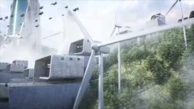 Yeşil enerji, rüzgar türbini. Gelecekçi şehir. Uçan araba trafiği. Gelecek konsepti. Dinamik ağaçlar. Gerçekçi 4k animasyonu