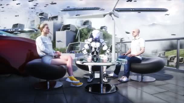 Völker Und Roboter Futuristische Stadt Fliegender Autoverkehr Megapolice Zukunftskonzept Realistische — Stockvideo