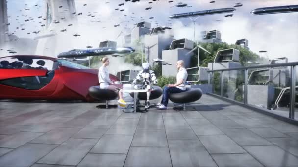 Люди Роботи Футуристичне Місто Рух Літаючого Автомобіля Мегаполіс Концепція Майбутнього — стокове відео