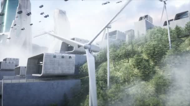 Green Energy Wind Turbine Futuristic City Flying Car Traffic Future — 图库视频影像