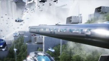 Gelecekçi şehir. Uçan araba trafiği. Robotlar ve megapbitli insanlar. Gelecek konsepti. Dinamik ağaçlar. Gerçekçi 4k animasyonu