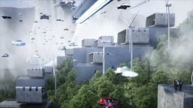 Gelecekçi şehir. Uçan araba trafiği. Robotlar ve megapbitli insanlar. Gelecek konsepti. Dinamik ağaçlar. Gerçekçi 4k animasyonu