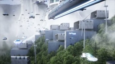 Gelecekçi şehir. Uçan araba trafiği. Robotlar ve megapbitli insanlar. Gelecek konsepti. Dinamik ağaçlar. Gerçekçi 4k animasyonu