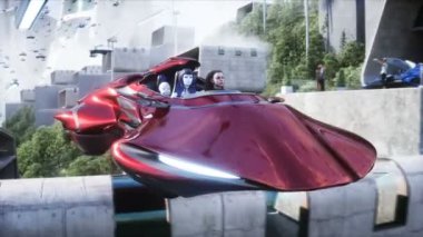 Robot and people in flying car. Futuristic city. flying car traffic. Future concept. Realistic 4k animation