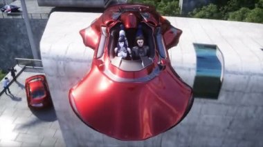 Robot ve uçan arabadaki insanlar. Gelecekçi şehir. Uçan araba trafiği. Gelecek konsepti. Gerçekçi 4k animasyonu