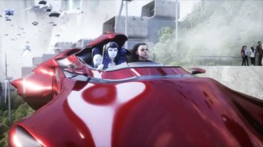 Robot ve uçan arabadaki insanlar. Gelecekçi şehir. Uçan araba trafiği. Gelecek konsepti. Gerçekçi 4k animasyonu