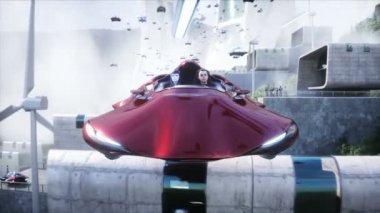 Robot ve uçan arabadaki insanlar. Gelecekçi şehir. Uçan araba trafiği. Gelecek konsepti. Gerçekçi 4k animasyonu