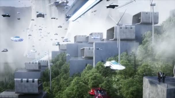 Futuristic City Flying Car Traffic Robots People Megapolice Future Concept — 图库视频影像