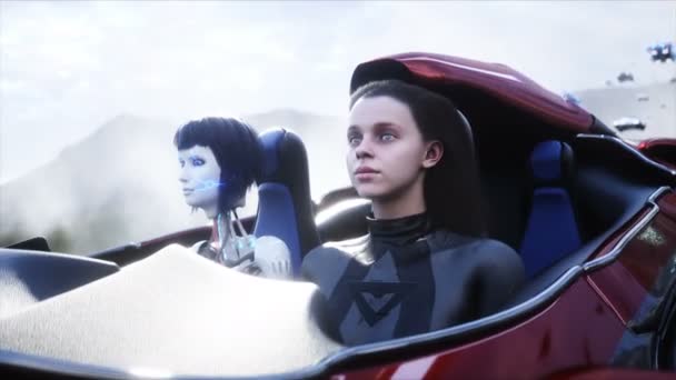 Robot People Flying Car Futuristic City Flying Car Traffic Future — Αρχείο Βίντεο