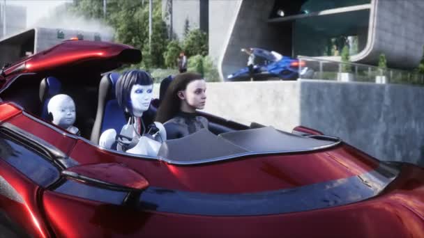 Robot Ludzie Latającym Samochodzie Futurystyczne Miasto Latające Samochody Koncepcja Przyszłości — Wideo stockowe