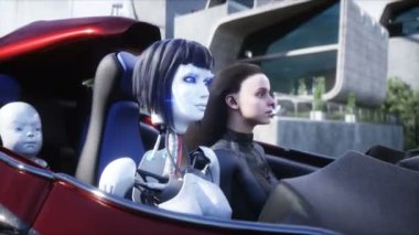 Robot ve uçan arabadaki insanlar. Gelecekçi şehir. Uçan araba trafiği. Gelecek konsepti. Gerçekçi 4k animasyonu