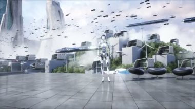 Female robot, droid. Futuristic city. flying car traffic. megapolice. Future concept Realistic 4k animation