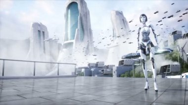 Female robot, droid. Futuristic city. flying car traffic. megapolice. Future concept Realistic 4k animation