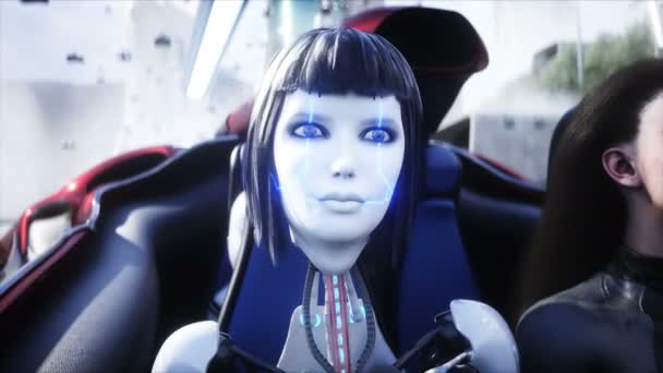 Robot Ludzie Latającym Samochodzie Futurystyczne Miasto Latające Samochody Koncepcja Przyszłości — Wideo stockowe