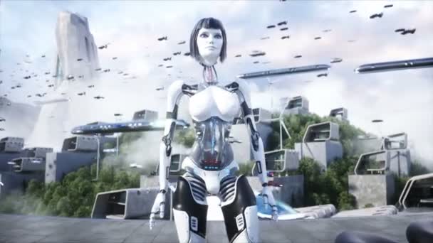 Kobiecy Robot Droidzie Futurystyczne Miasto Latające Samochody Megapolicja Koncepcja Przyszłości — Wideo stockowe