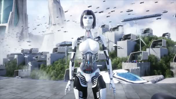 Female Robot Droid Futuristic City Flying Car Traffic Megapolice Future — Αρχείο Βίντεο