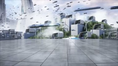Futuristic city. flying car traffic. Robots and people in megapolice. Future concept. Dynamic trees. Realistic 4k animation
