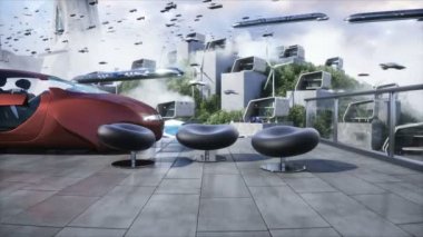 Gelecekçi şehir. Uçan araba trafiği. Robotlar ve megapbitli insanlar. Gelecek konsepti. Dinamik ağaçlar. Gerçekçi 4k animasyonu