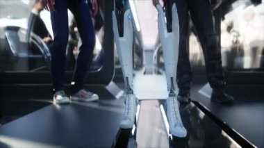Female robot in flying futuristic train. Futuristic city. flying car traffic. megapolice. Future concept. Realistic 4k animation