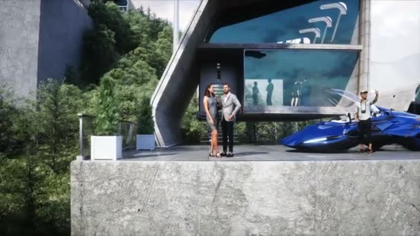 Ludzie Futurystycznym Mieście Latające Samochody Megapolicja Koncepcja Przyszłości Dynamiczne Drzewa — Wideo stockowe