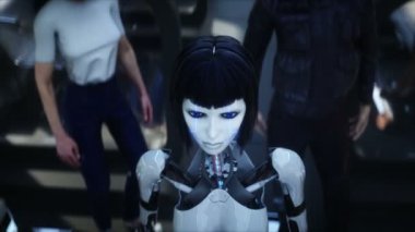 Female robot in flying futuristic train. Futuristic city. flying car traffic. megapolice. Future concept. Realistic 4k animation