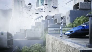 Dişi robot ve bebek robot, droid. Gelecekçi şehir. Uçan araba trafiği. Megapbit. Gelecek konsepti. Gerçekçi 4k animasyonu