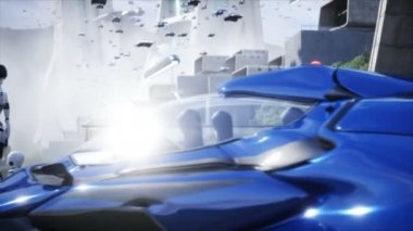 Dişi robot ve bebek robot, droid. Gelecekçi şehir. Uçan araba trafiği. Megapbit. Gelecek konsepti. Gerçekçi 4k animasyonu