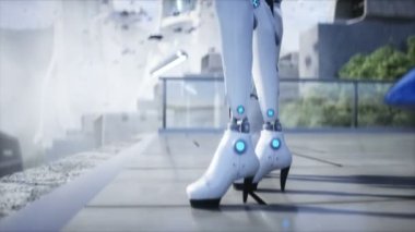 Dişi robot ve bebek robot, droid. Gelecekçi şehir. Uçan araba trafiği. Megapbit. Gelecek konsepti. Gerçekçi 4k animasyonu