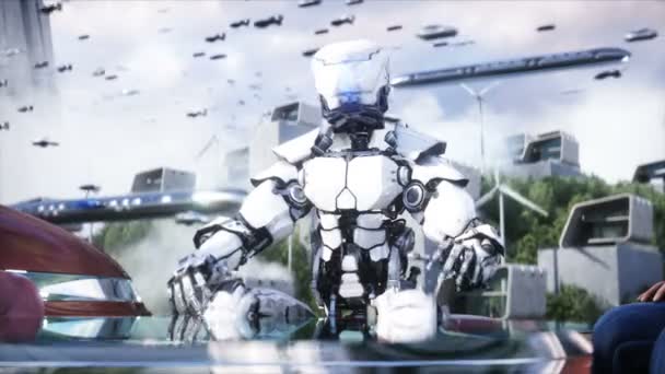 Robot Droid Futurystyczne Miasto Latające Samochody Megapolicja Koncepcja Przyszłości Realistyczna — Wideo stockowe