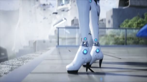 Female Robot Baby Robot Droid Futuristic City Flying Car Traffic — Αρχείο Βίντεο