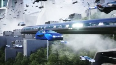 People in flying car. Futuristic city. flying car traffic. Future concept. Realistic 4k animation