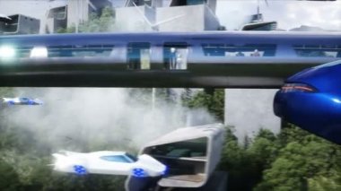 People in flying car. Futuristic city. flying car traffic. Future concept. Realistic 4k animation