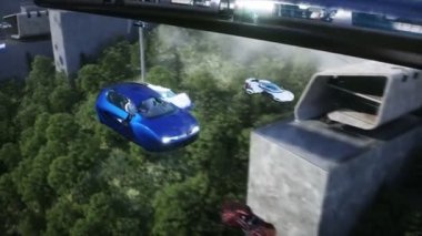 Uçan arabadaki insanlar. Gelecekçi şehir. Uçan araba trafiği. Gelecek konsepti. Gerçekçi 4k animasyonu