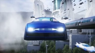 People in flying car. Futuristic city. flying car traffic. Future concept. Realistic 4k animation